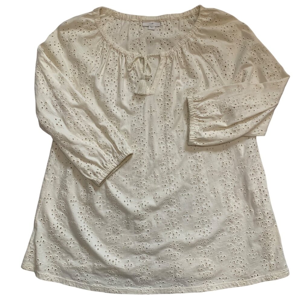 J. Jill‎ Lace Eyelet Tie Front Tunic 3/4 Sleeves Sz Small White Coastal Boho